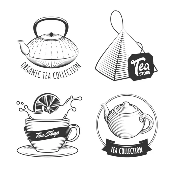 Logotipos Tienda Vector Insignias Tienda Con Teteras Tazas Accesorios Etiquetas Ilustración de stock