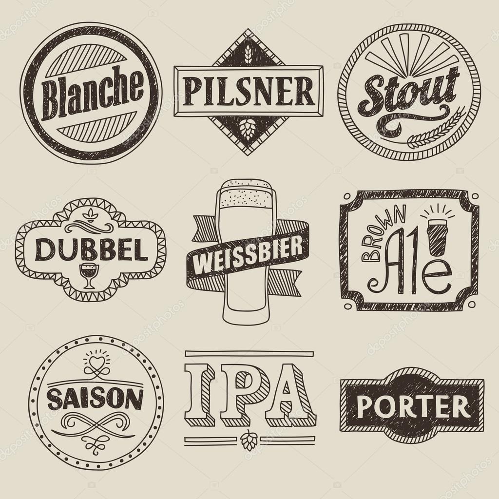 Hand drawn craft beer labels. Vector illustration of various craft beer styles. Pilsner, stout, porter, brown ale, blanche, belgian dubbel, saison, IPA and weissbier. Vintage beer emblems.