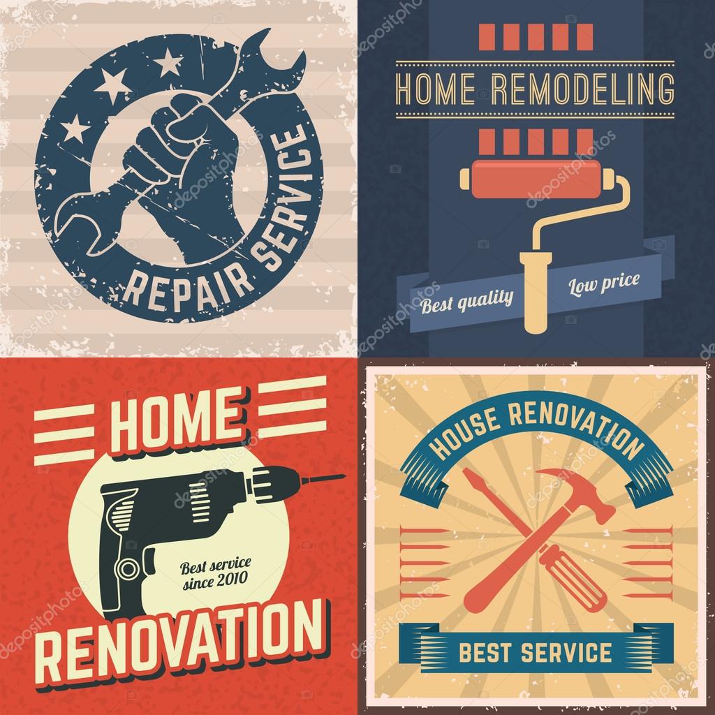 Set of house renovation labels and home remodeling logos. Vintage house repair posters in retro grunge style. A hand holding wrench, paint roller, electric drill and crossing tools.