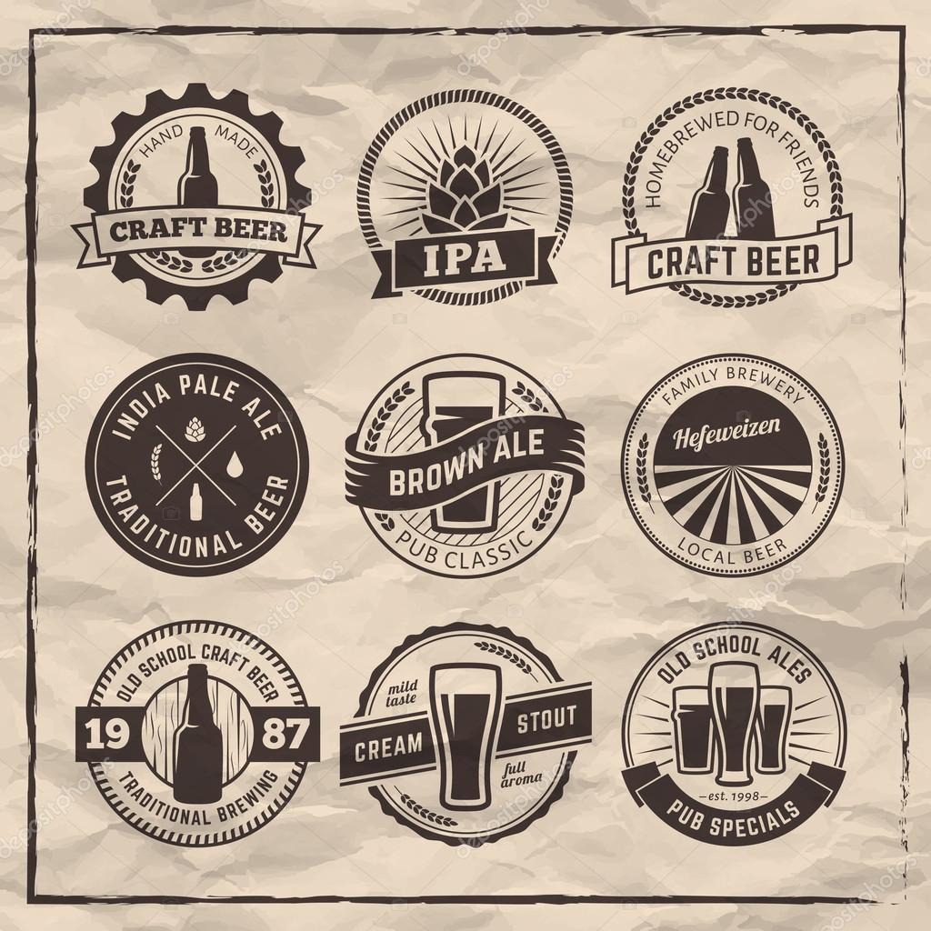 Set of vector retro craft beer labels and emblems. Beer logos on vintage paper background.