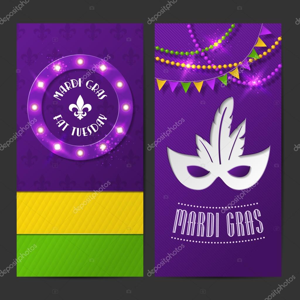 Set of vector mardi gras brochures. Fat tuesday symbols and shining beads on traditional colors background