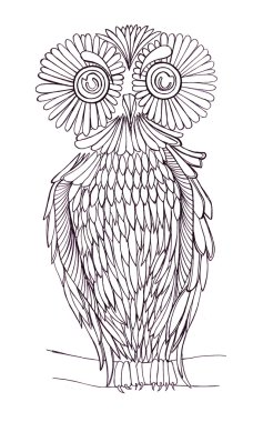 Grafik illüstrasyon baykuş. Siyah ve beyaz tarzı. Elle çizilmiş