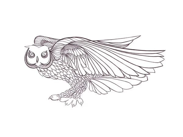Графічна ілюстрація літаючої сови. Чорно-білий стиль. Рука — стокове фото