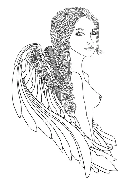 Девушка с красивыми крыльями. Графический рисунок pen.With творческой косы . — стоковое фото