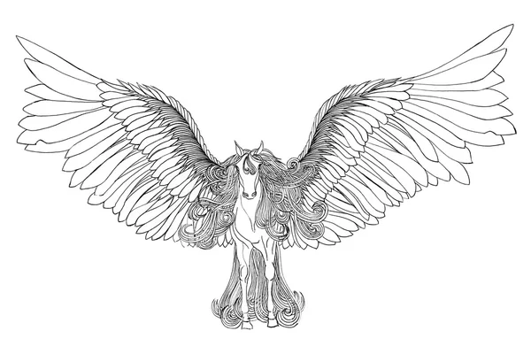 Gyönyörű ló sörényét és a szárnyak. A toll Pegasus.Drawning — Stock Fotó