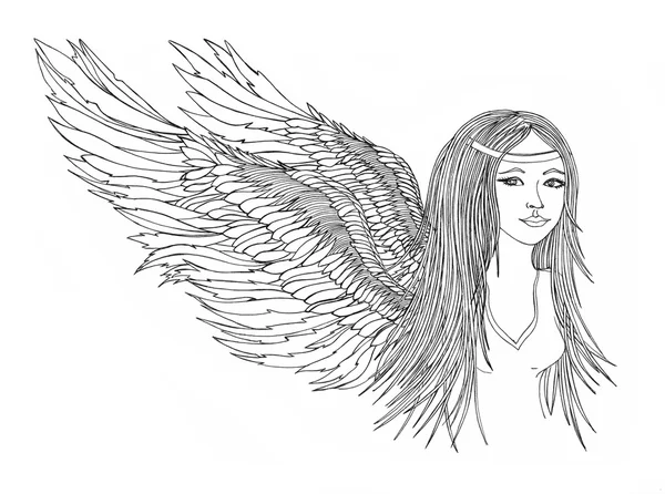 Dziewczyna z pięknym skrzydła. Ołówki ciągnione graficzny — Zdjęcie stockowe