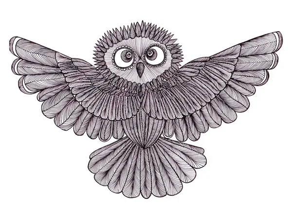 Graphic illustration of flying owl. Black and white style. Hand — Stock Photo, Image