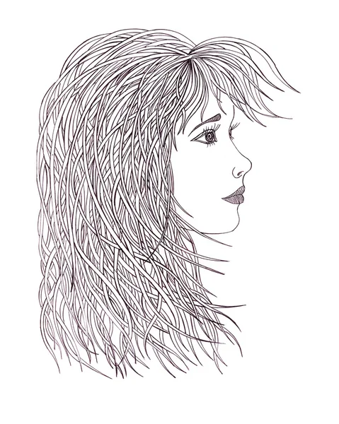 Piękna kobieta z ondulacji włosów. Styl graficzny. Ciągnione czarny długopis. — Zdjęcie stockowe