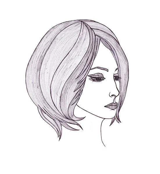 Krásná žena s vlasy. Grafický styl. Byly černé pero. — Stock fotografie