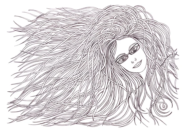 Mulher bonita com acenando cabelo.Graphic style.Drawn caneta preta . — Fotografia de Stock