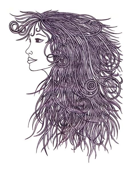 Profil de belle femme avec cheveux ondulés.Style graphique . — Photo