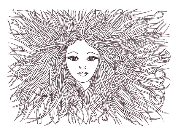 Belle femme avec cheveux ondulés.Style graphique.Stylo noir dessiné . — Photo
