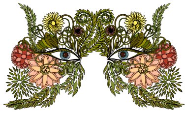 Kadın yüzüne bir maske renkli çiçek