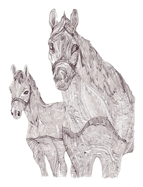 Ilustración de yegua y potro. Estilo blanco y negro. Dibujado a mano — Foto de Stock
