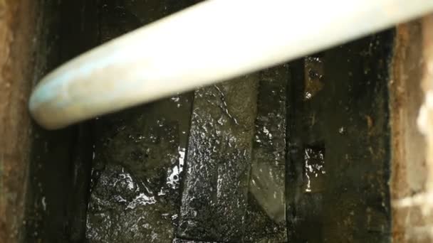 Fosse septique vidange pompage dans le réservoir de tuyau par tuyau d'aspiration sous haute pression. Le puisard contient des boues polluantes eaux usées eaux usées noires et les matières fécales ainsi que des excréments de la maison — Video
