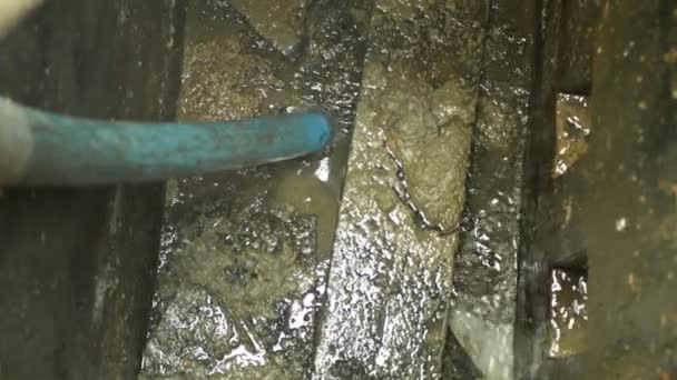 Septic cesspool emptying pumping into pipe tank by suction hose under high pressure. The sump contains pollution sludge sewage water black wastewater and faeces plus excrements from home — Stock Video