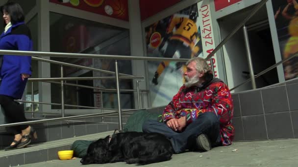 Olomouc, Tsjechië - 7 April 2015: Senior man daklozen in stad bedelen — Stockvideo