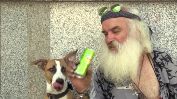 BRNO, REPÚBLICA CHECA - SETEMBRO 1, 2015: Autêntico cão bebendo de uma lata de limonada e dando um beijo ao dono de rua, Morávia do Sul, Europa, UE — Vídeo de Stock