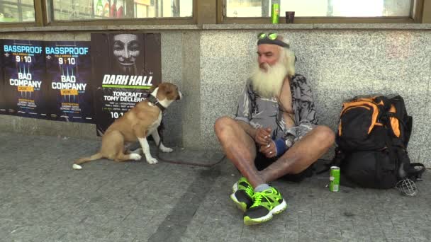 BRNO, REPÚBLICA CHECA - SETEMBRO 1, 2015: Homem sem-teto emoção autêntica sentado com cão, cidade Brno, Morávia do Sul, República Checa, Europa, UE — Vídeo de Stock