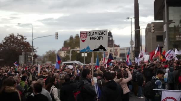 Demonstration Islam Prague Banner Stop Islamisation Europe Czech Republic Flags — Stock Video