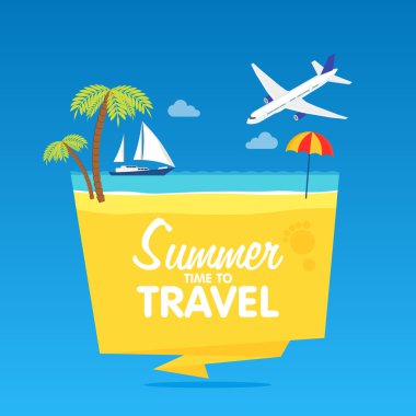 Zaman seyahat, yaz tatili, vektör düz arka plan ve nesneleri illüstrasyonlar rozetleri tamplate