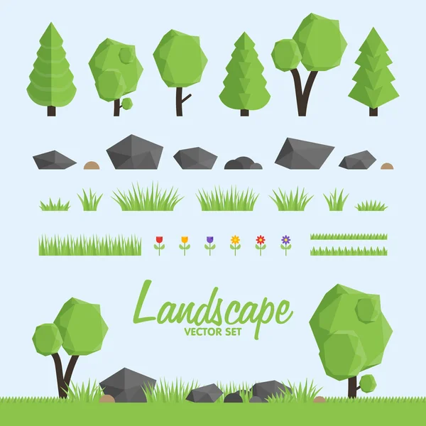 Conjunto de iconos de constructor de paisaje. Árboles, piedra y elementos de hierba para el diseño del paisaje . — Vector de stock