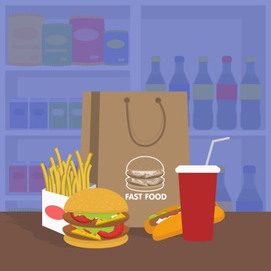 afiş fast food cola, hamburger ve patates kızartması ile