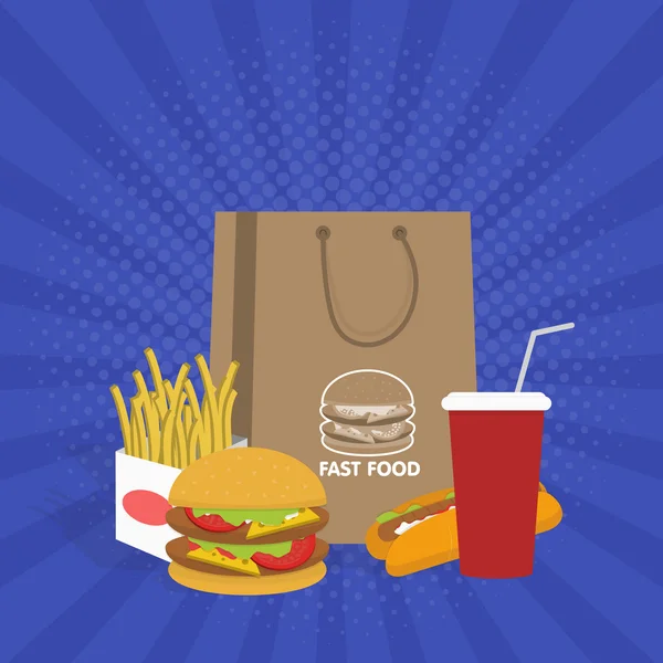 Banner mit Fast Food mit Cola, Hamburger und Pommes — Stockvektor
