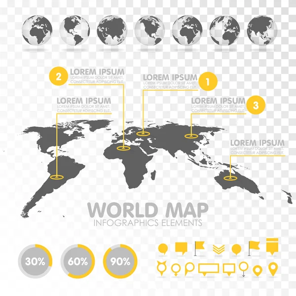 World map 3d med uppsättning infographics element. — Stock vektor