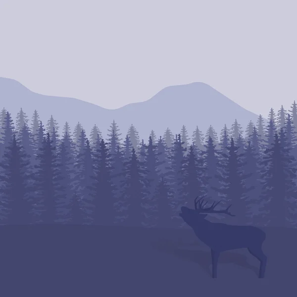 Illustration vectorielle avec des arbres et des silhouettes de cerfs — Image vectorielle