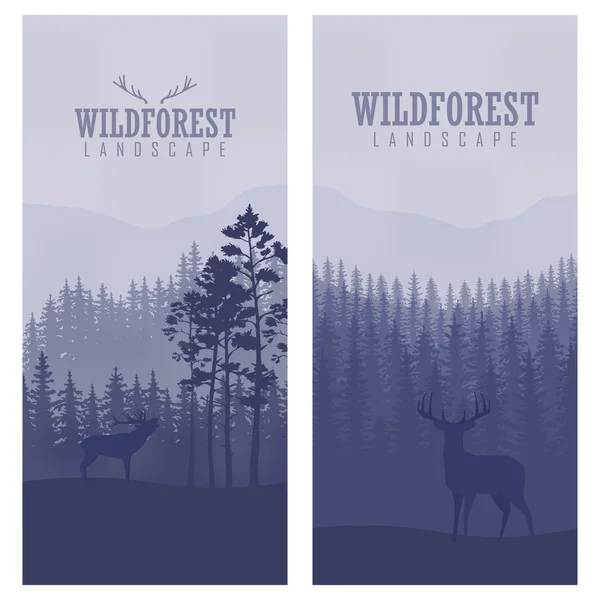 Vertical abstract banners of wild deer in forest with trunks of trees — Stock Vector