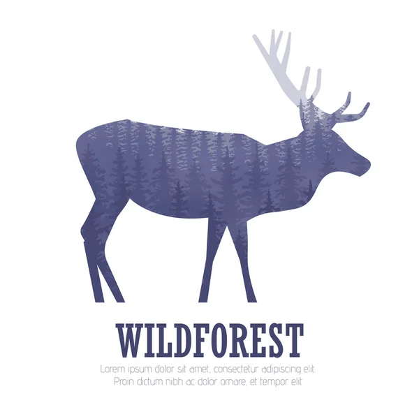 Silhouette de cerf avec forêt de pins, fond bleu et blanc — Image vectorielle