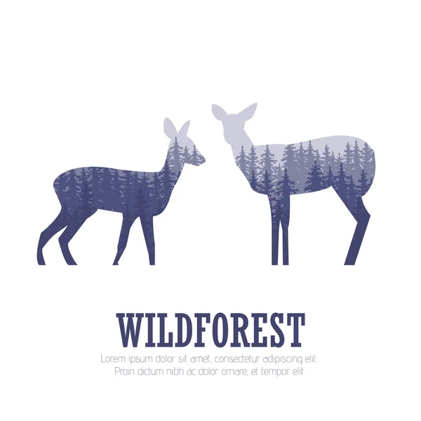 Silueta de un ciervo con bosque de pinos, fondo de colores azul y blanco, vector — Vector de stock