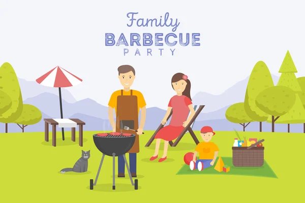 Семейный пикник. Вечеринка BBQ. Еда и барбекю, лето и гриль . — стоковый вектор
