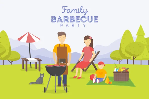 Familienpicknick. Grillparty. Essen und Grillen, Sommer und Grill. — Stockvektor