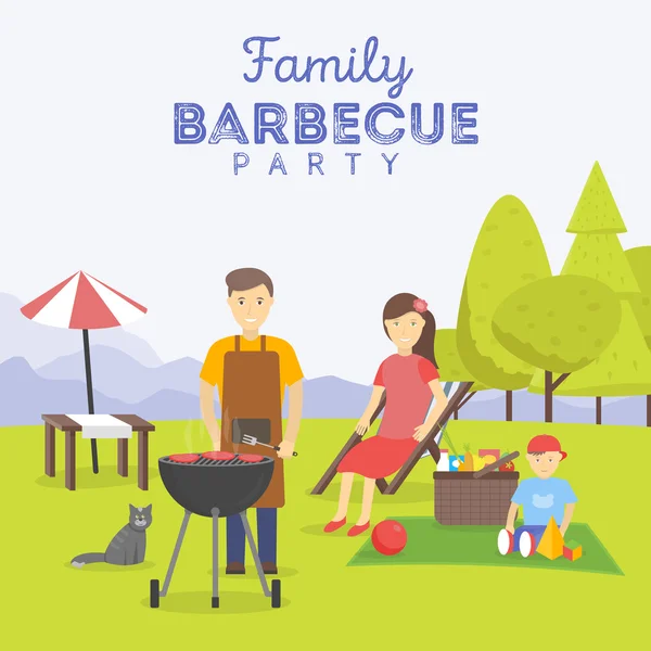 Familienpicknick. Grillparty. Essen und Grillen, Sommer und Grill. — Stockvektor