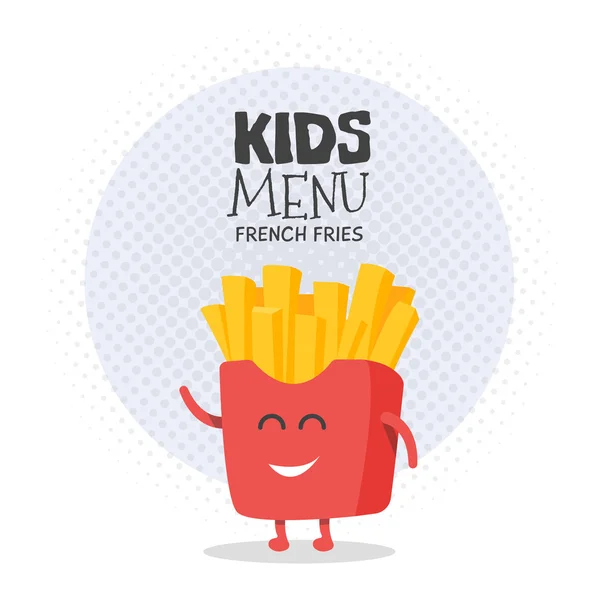 Barn restaurang meny kartong tecken. Rolig söt ritade pommes frites, med ett leende, ögon och händer. — Stock vektor