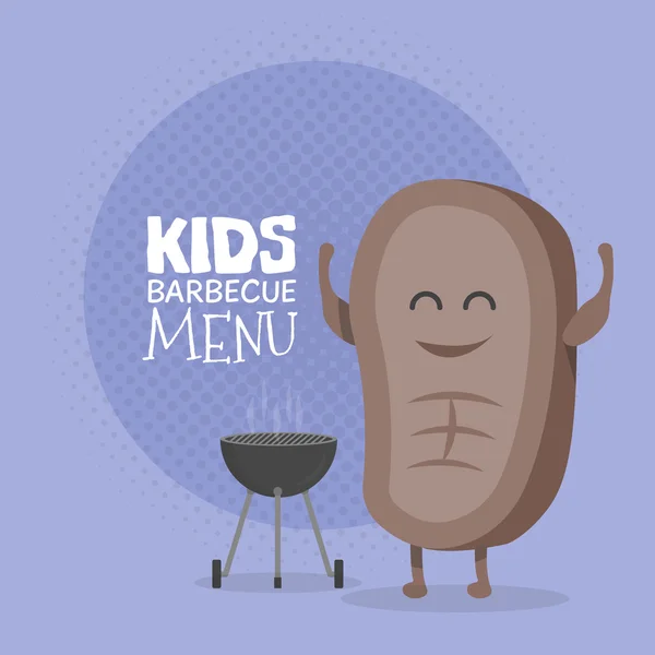 Niños restaurante menú cartulina carácter. Divertido lindo filete de dibujos animados barbacoa dibujada con una sonrisa, ojos y manos . — Vector de stock