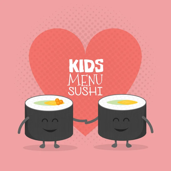 Niños restaurante menú cartulina carácter. divertido lindo sushi roll amigos amor dibujado con una sonrisa, ojos y manos . — Vector de stock