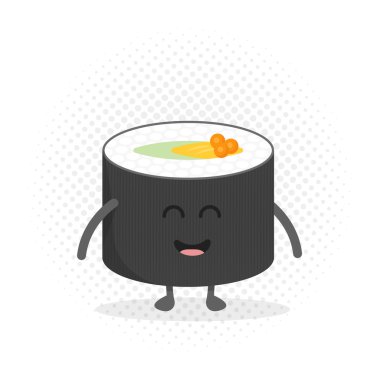 Restoran Menü karton karakter çocuklar. Bir gülümseme, gözleri ve elleri ile çizilen komik şirin suşi roll.