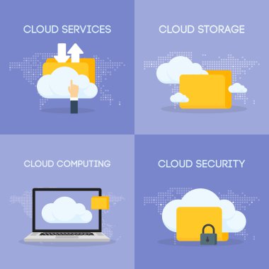 Bulut coputing depolama hizmeti ve güvenlik afiş kavramı. Vektör çizim