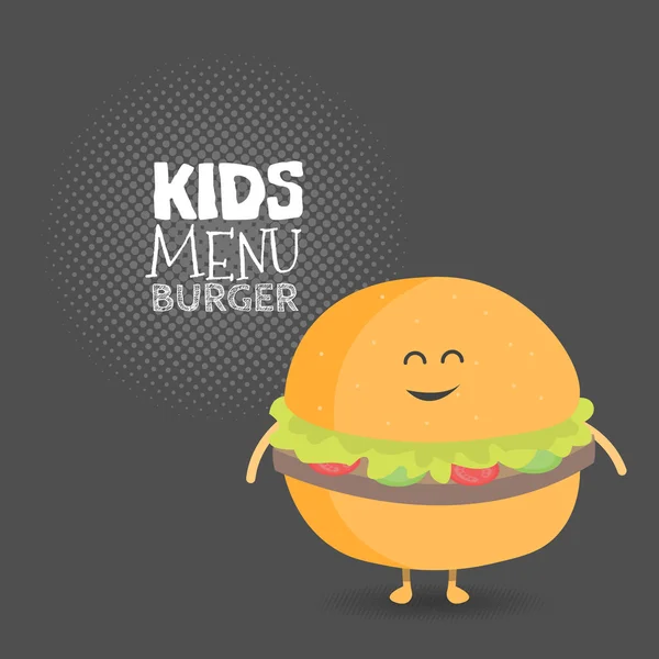 Barn restaurang meny kartong tecken. Rolig söt burger dras med ett leende, ögon och händer. — Stock vektor