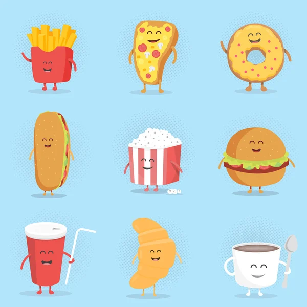 Sevimli çizgi film fast food karakterleri kümesi . Patates kızartması, pizza, çörek, sosisli sandviç, patlamış mısır, hamburger, kola, kruvasan ve kahve bardağı .