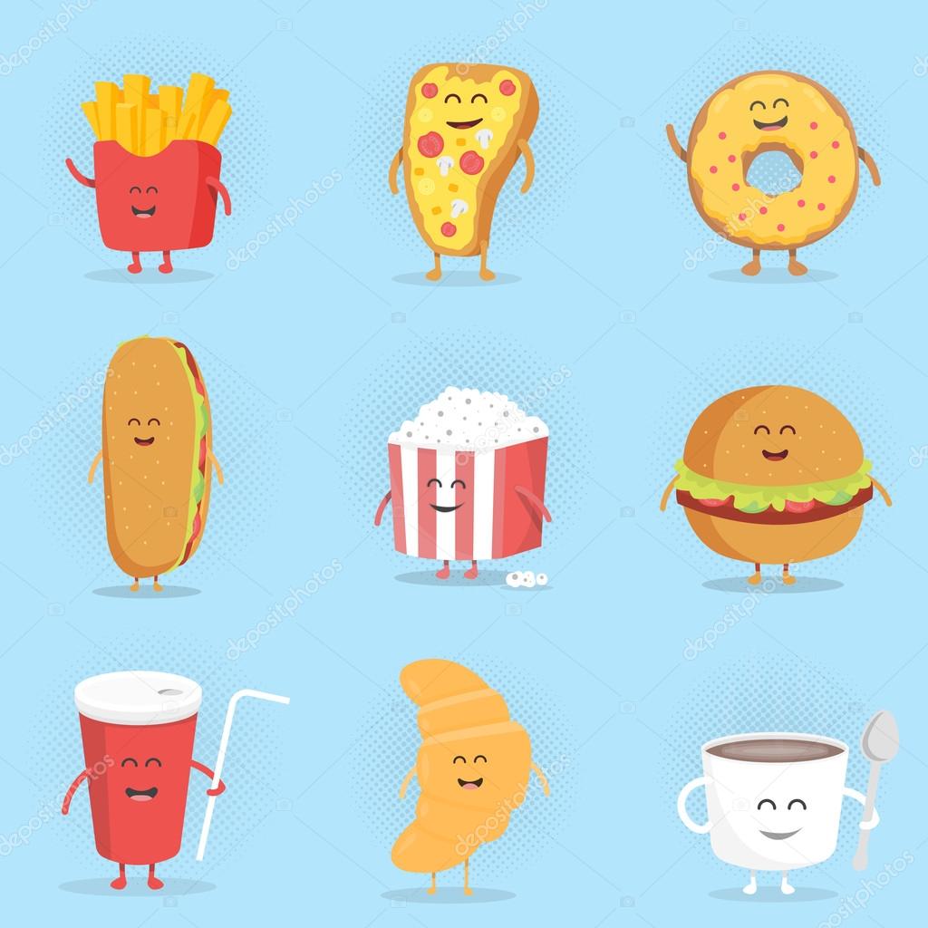 Set of cute cartoon fast food characters . French fries , pizza , donut ,  hot dog , popcorn , hamburger , cola , croissant and coffee mug . Stock  Vector Image by ©vectorplus #114447764