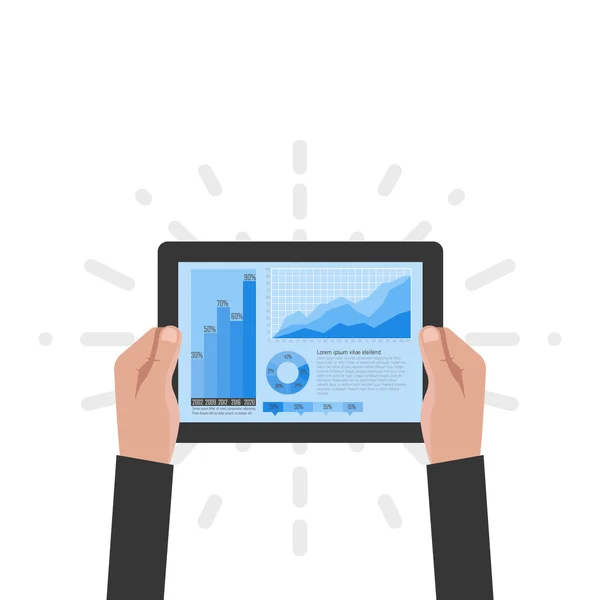 La tablette entre les mains d'un homme d'affaires avec des données statistiques présentées sous forme de graphiques numériques et de graphiques. Analyse financière, statistiques. Illustration vectorielle, design plat . — Image vectorielle