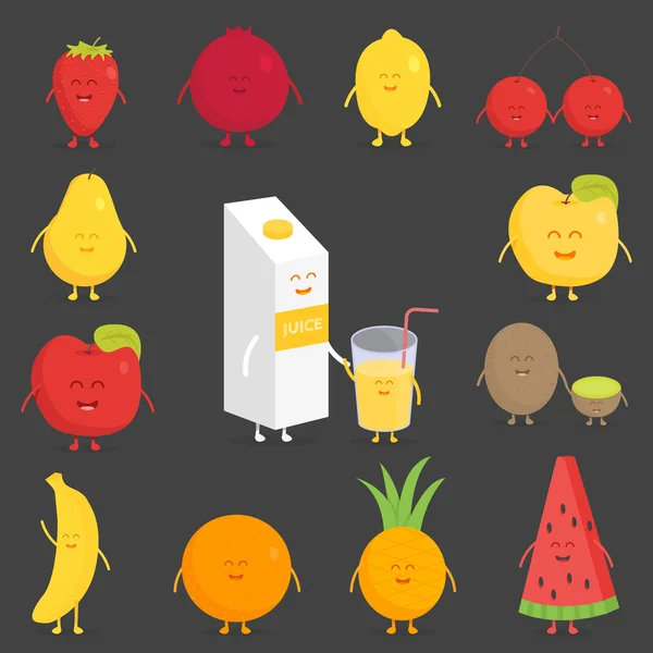 Fruchtansatz. Erdbeere, Granatapfel, Zitrone, Kirsche, Birne, Apfel, Kiwi, Banane, Ananas, Orange, Wassermelone. — Stockvektor