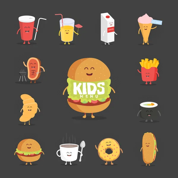 Zestaw cute Cartoon Fast food znaków. Frytki, Pizza, pączka, gorący pies, popcorn, Hamburger, Cola, rogalika i kubek kawy . — Wektor stockowy