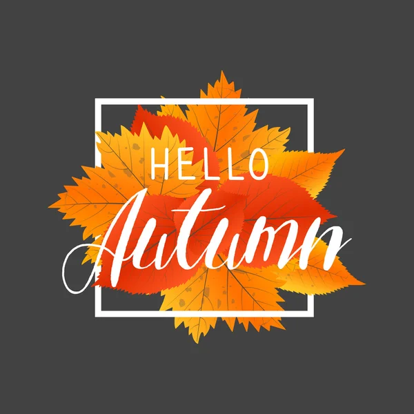 Hallo herfst nieuwe seizoen. Belettering met de hand getekende letters. Label en banner sjabloon met gele rode bladeren — Stockvector