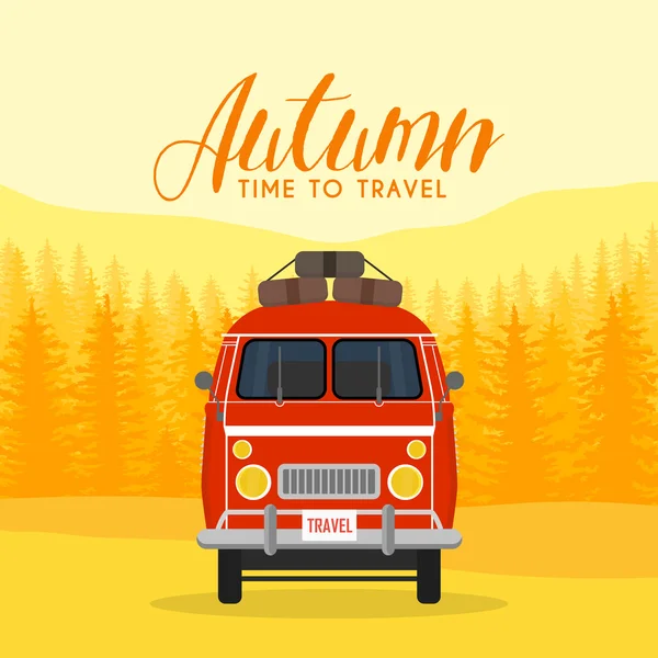 Herbstliche Familienreisen und -ausflüge. Das Familienauto. Vektorillustration — Stockvektor