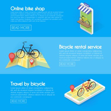 Bisiklet afişleri ayarlayın. Online bisiklet kiralama, servis, satış satın alın. Mağaza konsepti illüstrasyonunun İzometrik cephesi